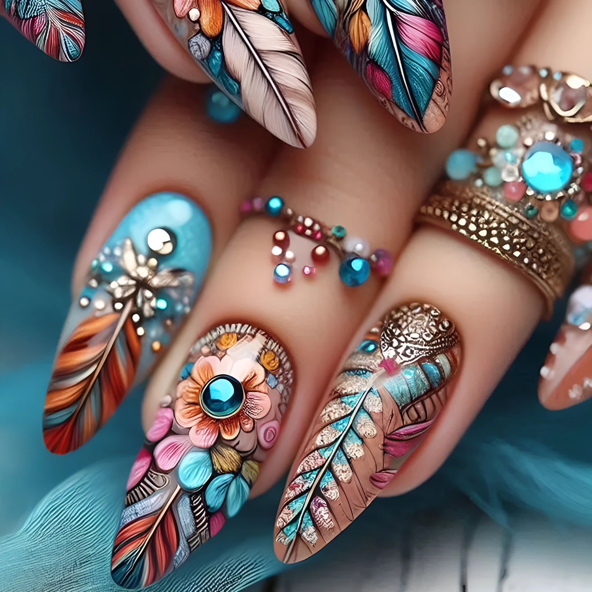 Plastic nail art set with coloured feather armour, butterflies, hearts, and floral patterns for retro manicures.