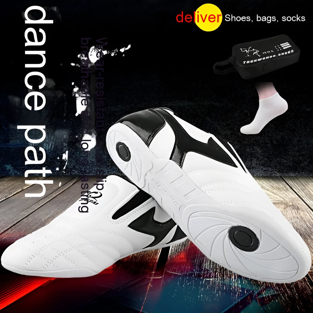 Black and white children's professional martial arts training shoes with soft bottom design