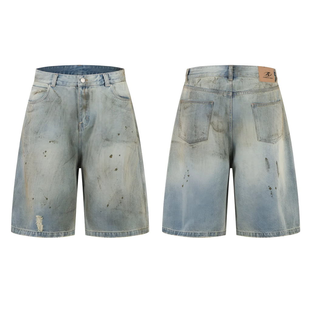 Blue washed denim straight-leg mid-length trousers with zipper fly closure