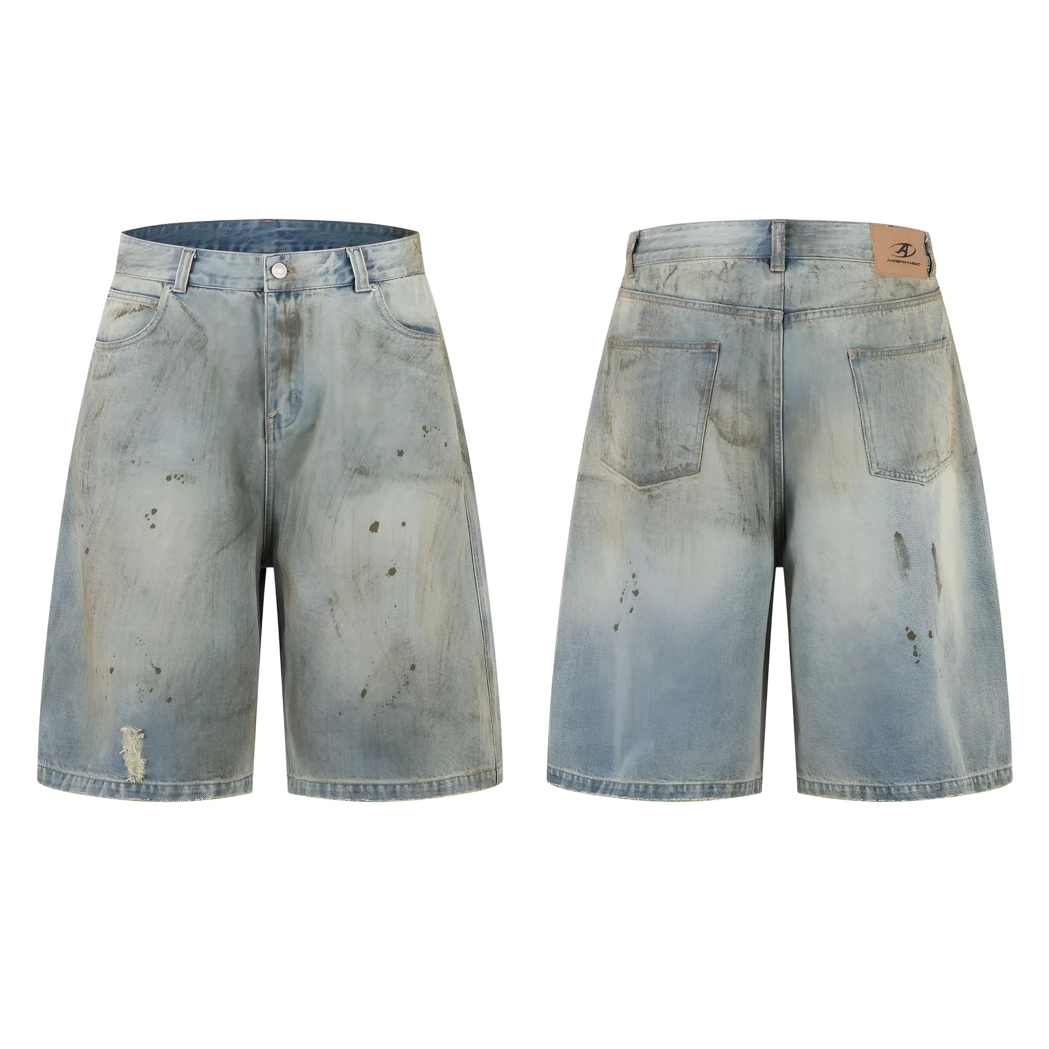 Blue washed denim straight-leg mid-length trousers with zipper fly closure