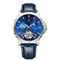 Men's automatic mechanical watch with blue dial and stainless steel bracelet showing exhibition case back