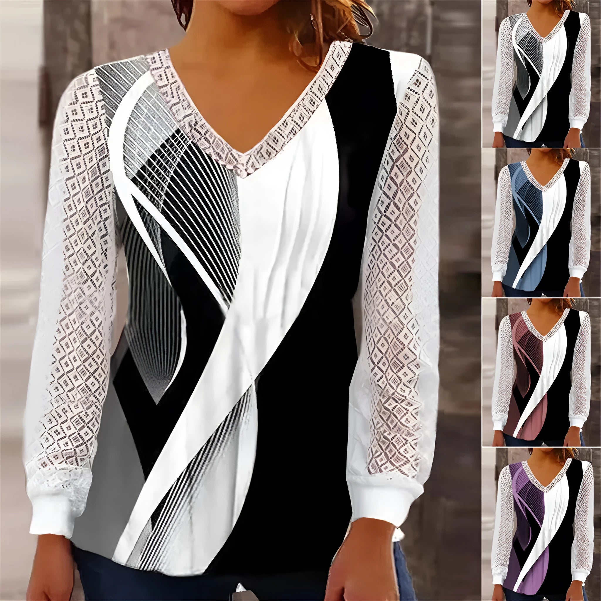 Women's loose V-neck lace blouse in purple polyester chiffon fabric showing lace detailing