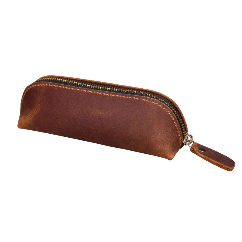 Genuine cowhide leather pencil case with zipper, 18cm long, in black solid colour