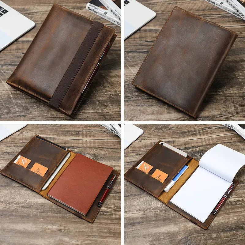 Brown Crazy Horse leather A5 notebook protective sleeve with square shape and socket-style design