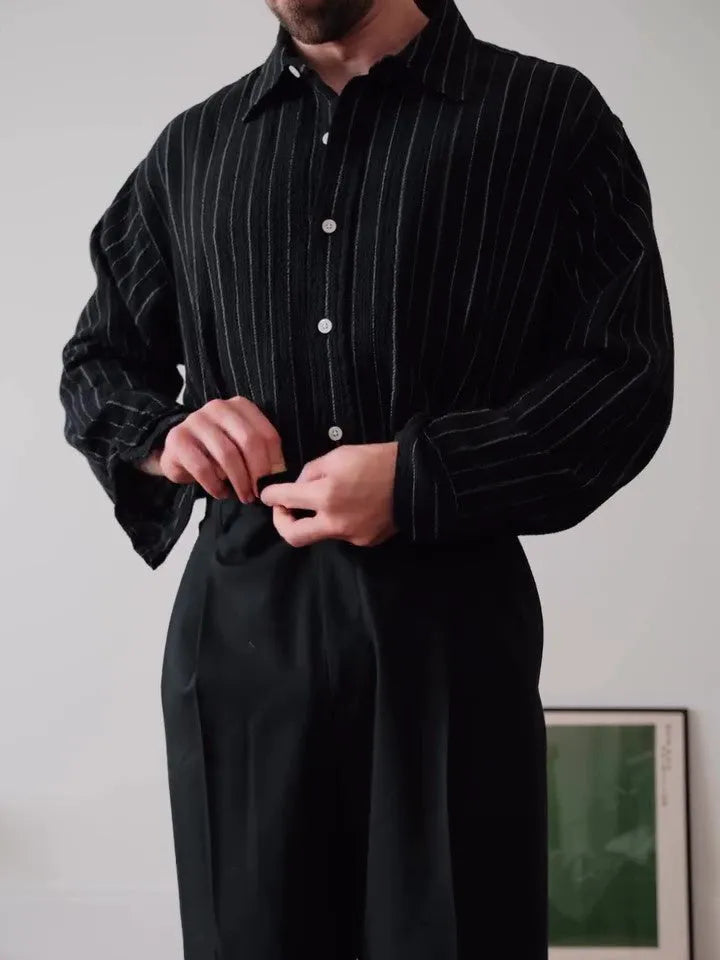 Black pinstriped button-down business shirt with regular fit and polyester construction
