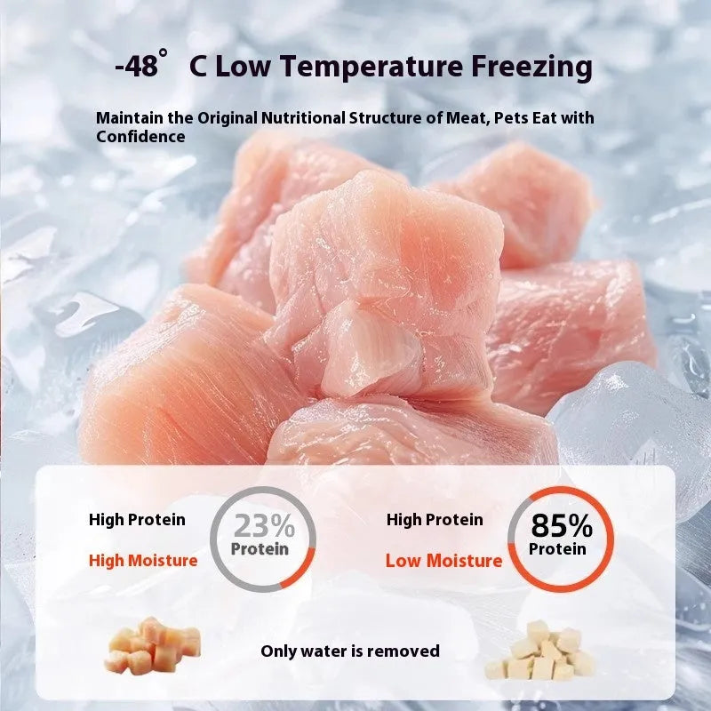 Freeze-dried dog snacks in a resealable bag, assorted chicken egg yolk and duck varieties, 500g net weight
