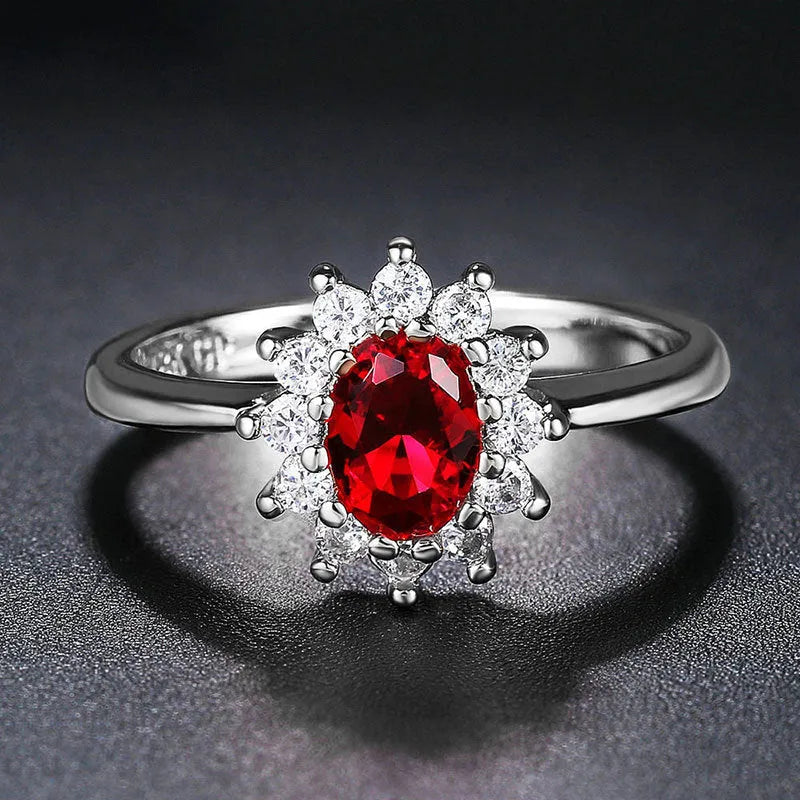 Moissanite women's copper ring with floral zirconium detail in green, sapphire blue, or pomegranate red electroplated finish.
