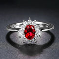 Moissanite women's copper ring with floral zirconium detail in green, sapphire blue, or pomegranate red electroplated finish.