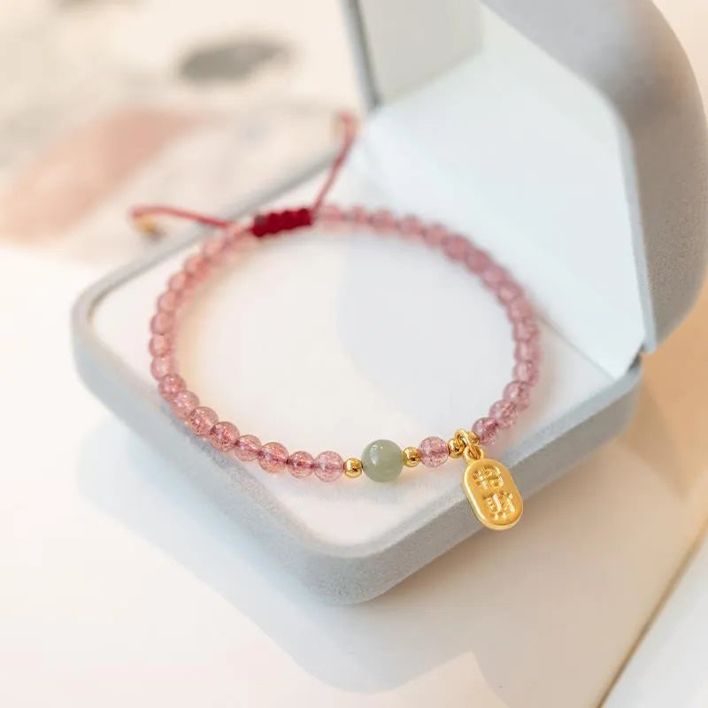Women's strawberry quartz and garnet bracelet on red rope cord handmade jewellery