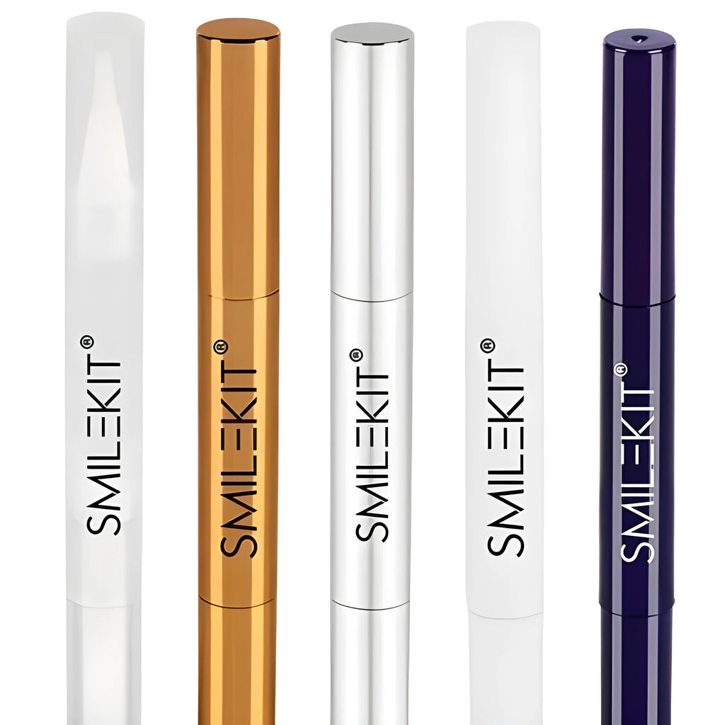Toothbrush whitening pen in a choice of plastic or aluminium case colours with gel inside.