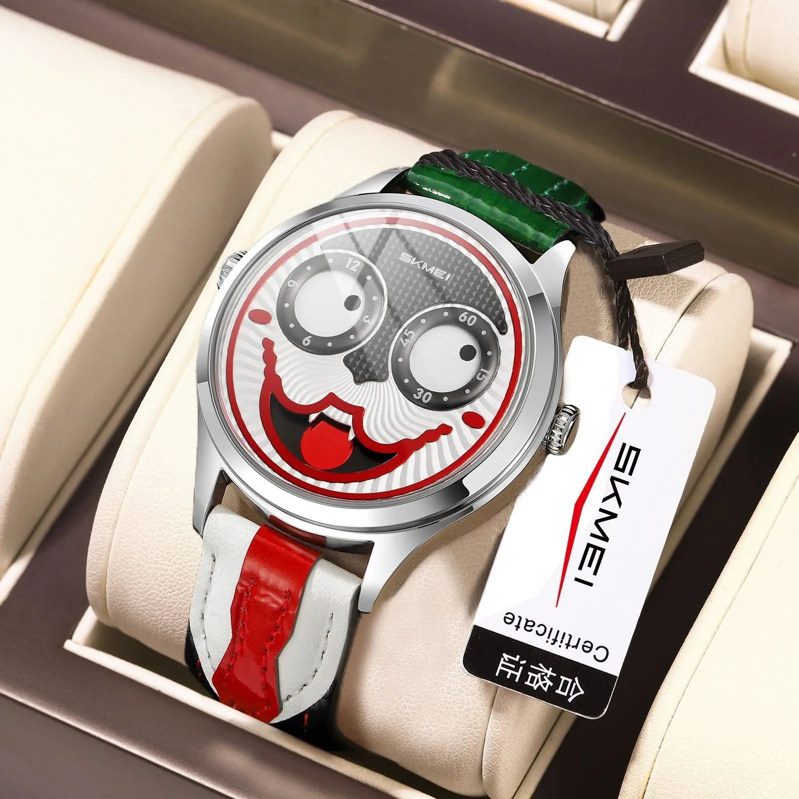 SKMEI men's round analogue watch with clown dial, black strap, and alloy case