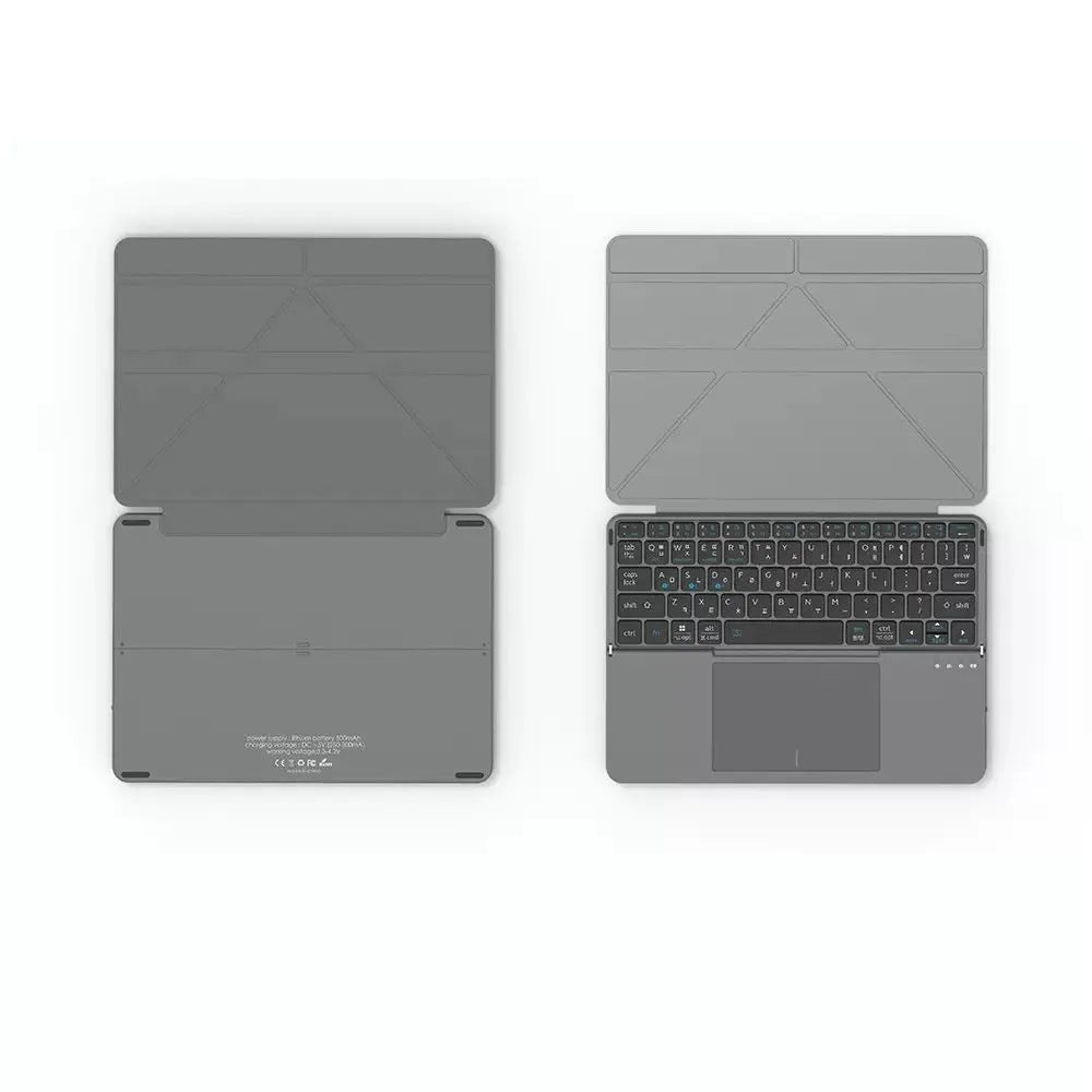 Grey wireless Bluetooth folding keyboard shown open for use with mobile phones and tablets