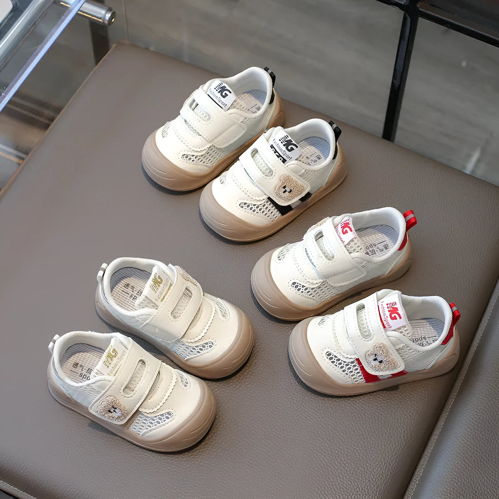 Children's breathable mesh shoes with animal pattern and Velcro fastening, available in black