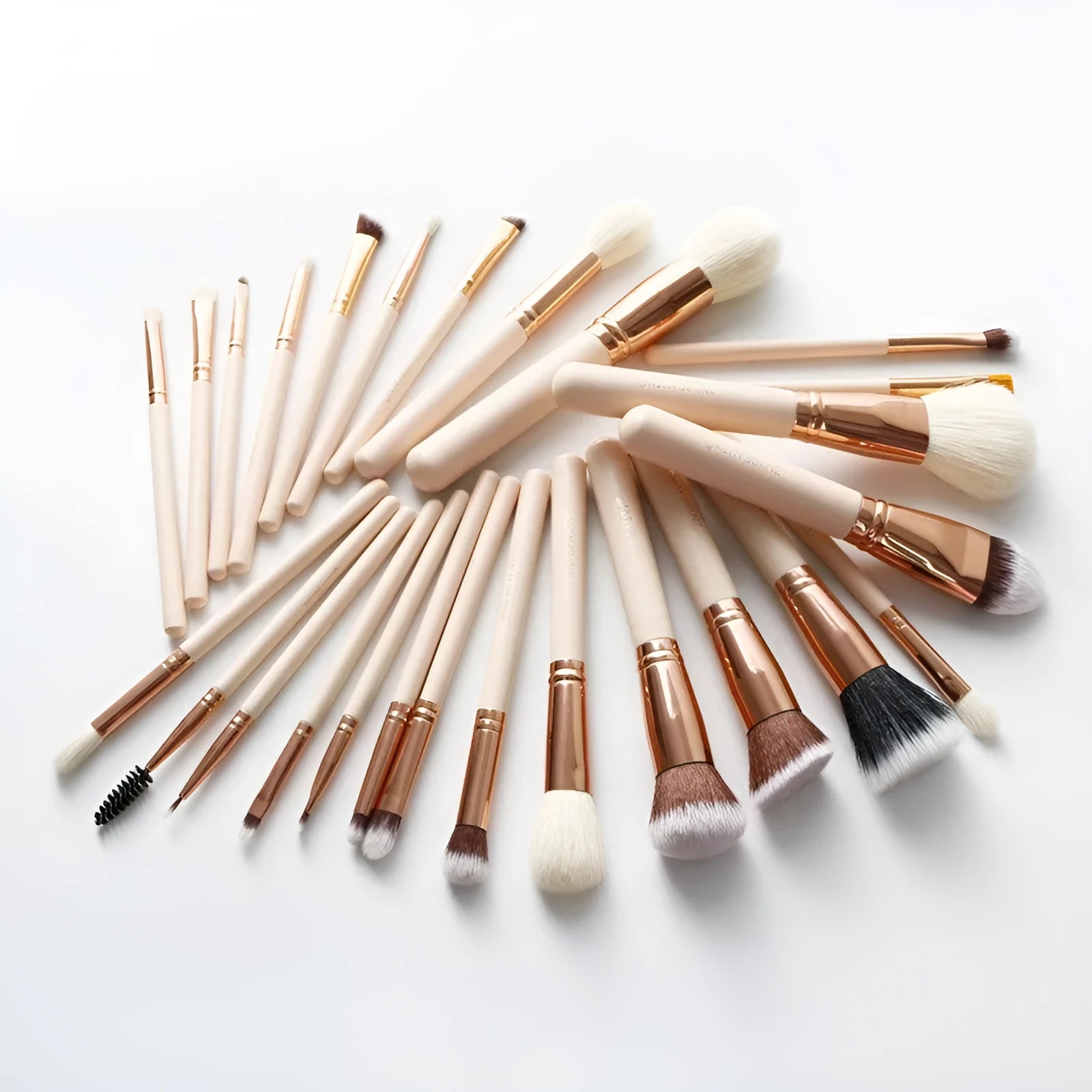 26 pink makeup brushes with wooden handles in a PU storage bag.