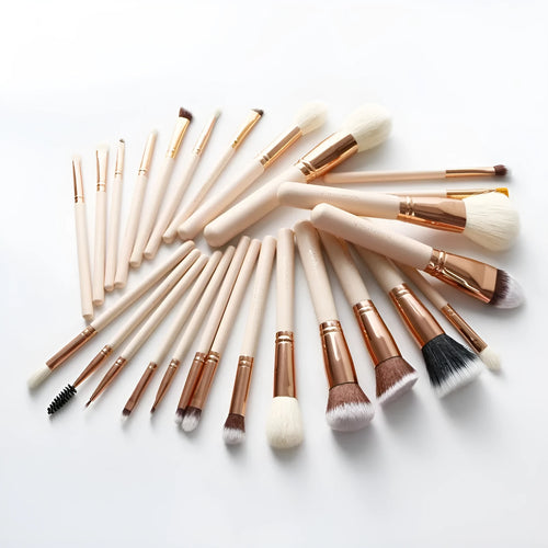 26 pink makeup brushes with wooden handles in a PU storage bag.