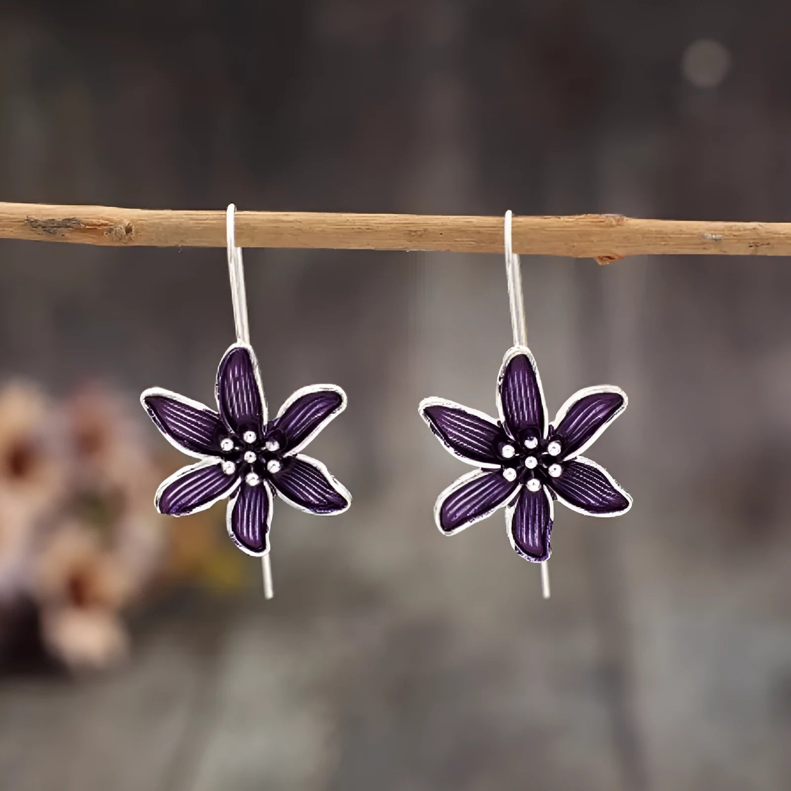 Purple floral alloy earrings with retro design and electroplated finish for women