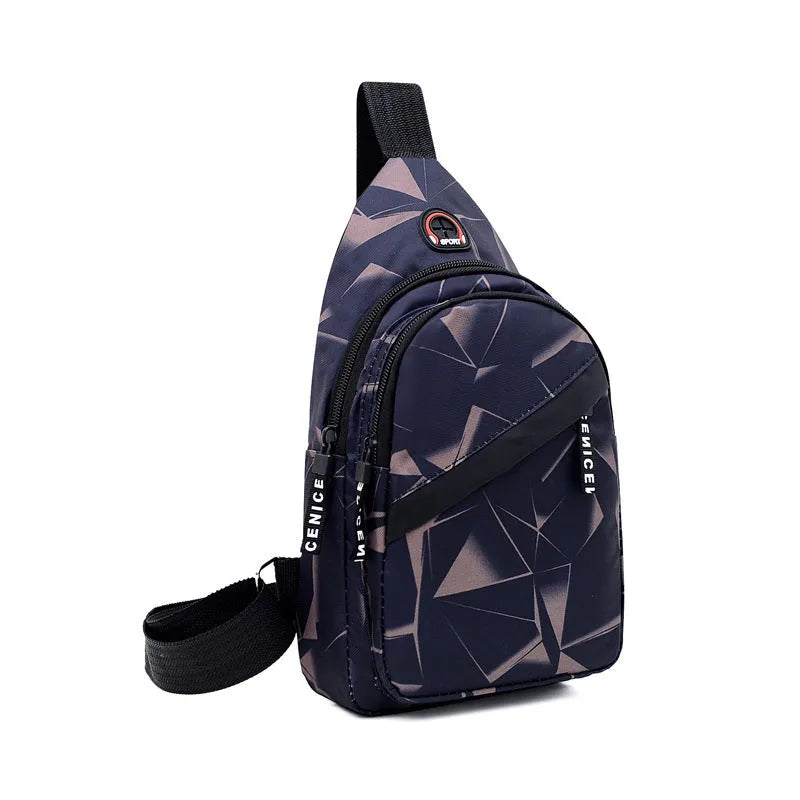 Blue print sling chest bag for men with crossbody strap and visible earphone hole