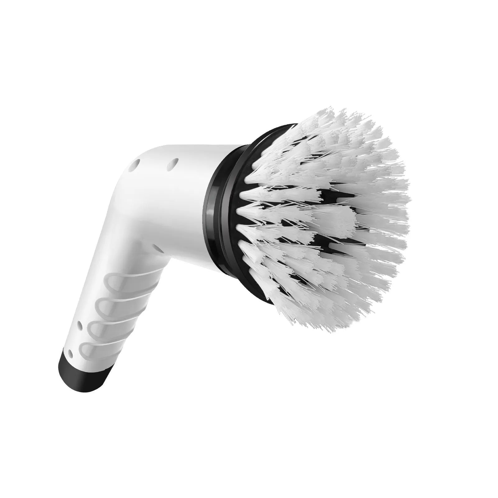 White handheld shower cleaning brush with multiple standard nozzle attachments and USB charging cable
