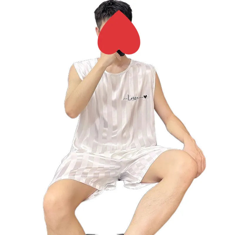 Men's ice silk vest and shorts pyjama set in white, black, and grey summer sleepwear