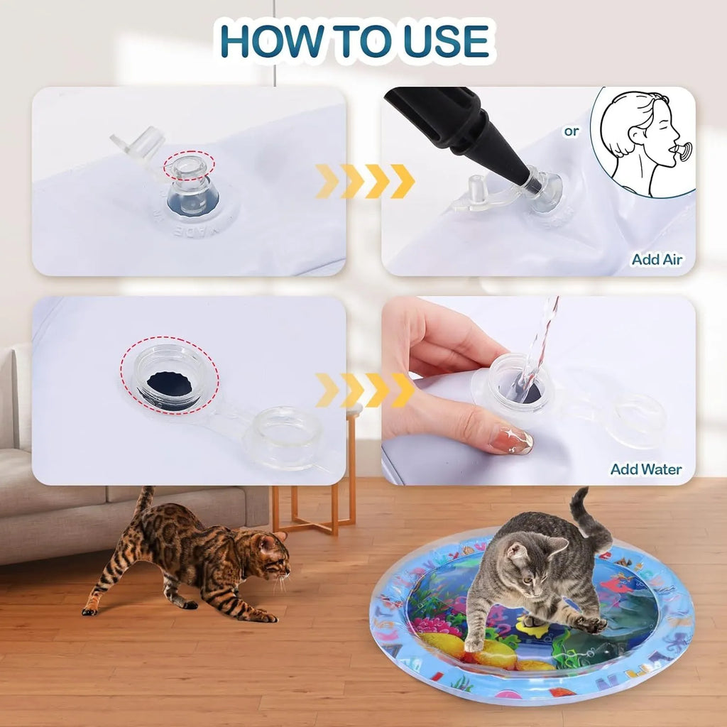 Thickened PVC cat water sensory play mat with floating fish toys, measuring 100cm square