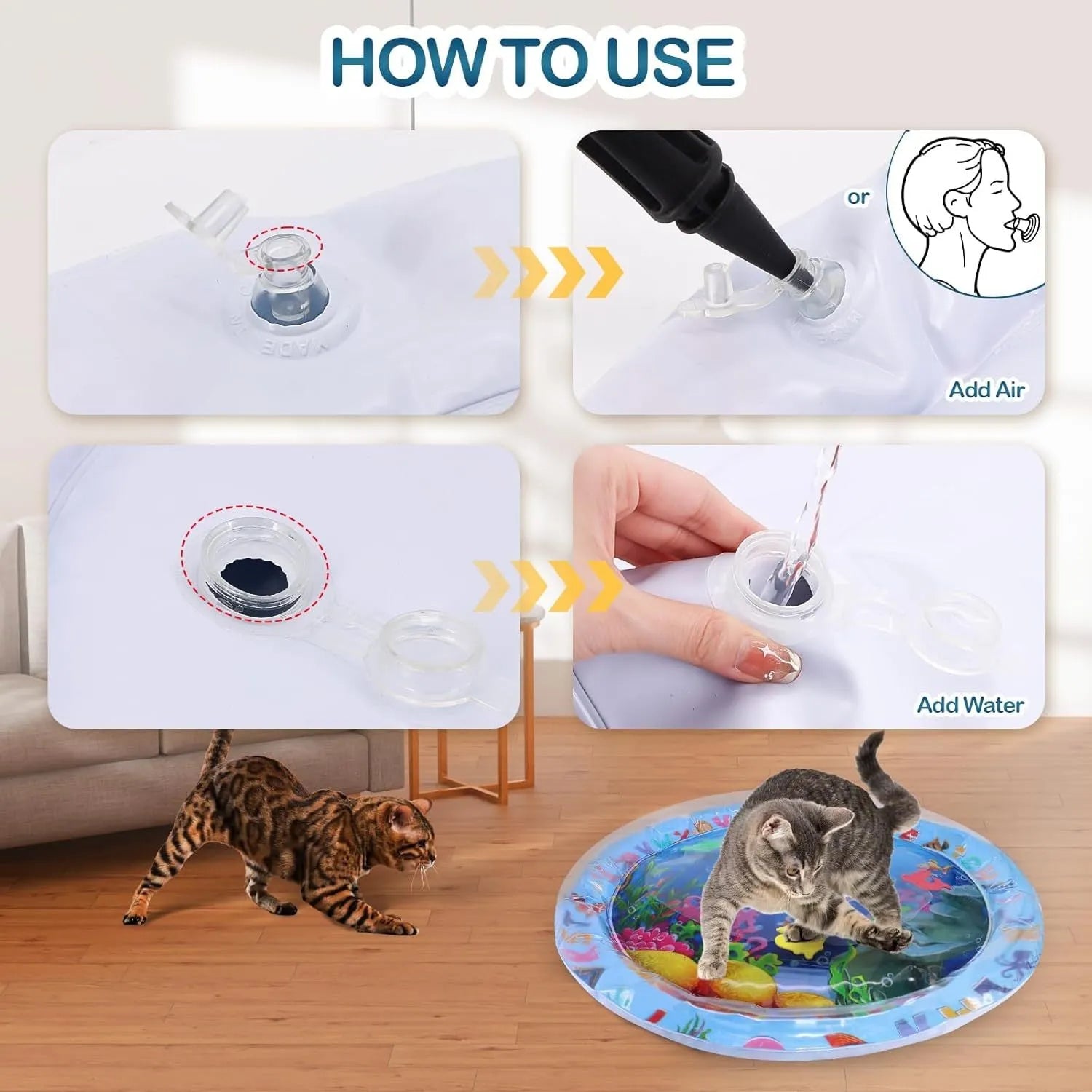 Thickened PVC cat water sensory play mat with floating fish toys, measuring 100cm square