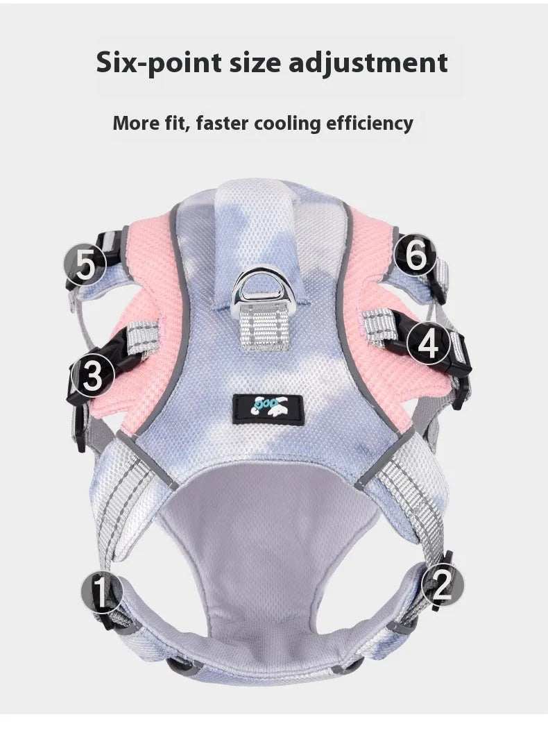 Reflective polyester dog chest strap harness in light blue, shown on a dog