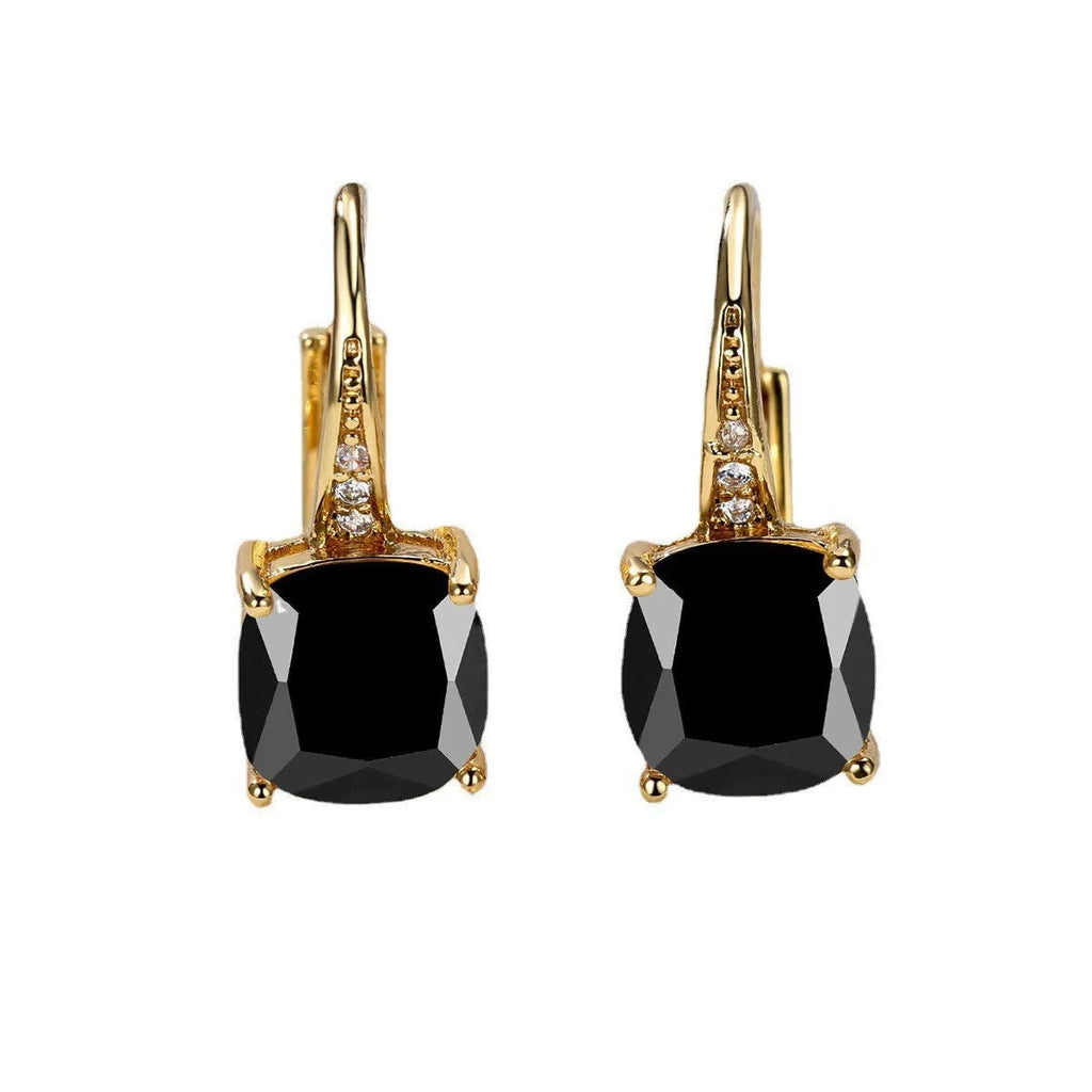 Square zircon inlaid geometric ear hook earrings in a golden white finish, showing Korean style design.