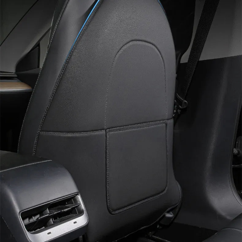 Black leather rear anti-kick pad for car seats, shown with dimensions 68cm long by 42cm wide.