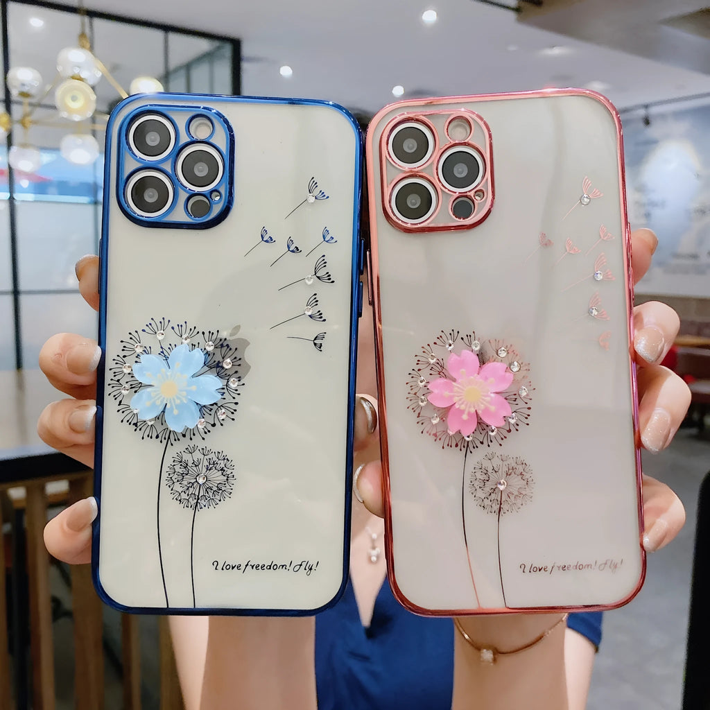 Green 3D flower spin stand phone case for iPhone on a table, showing built-in screen protector and stand.