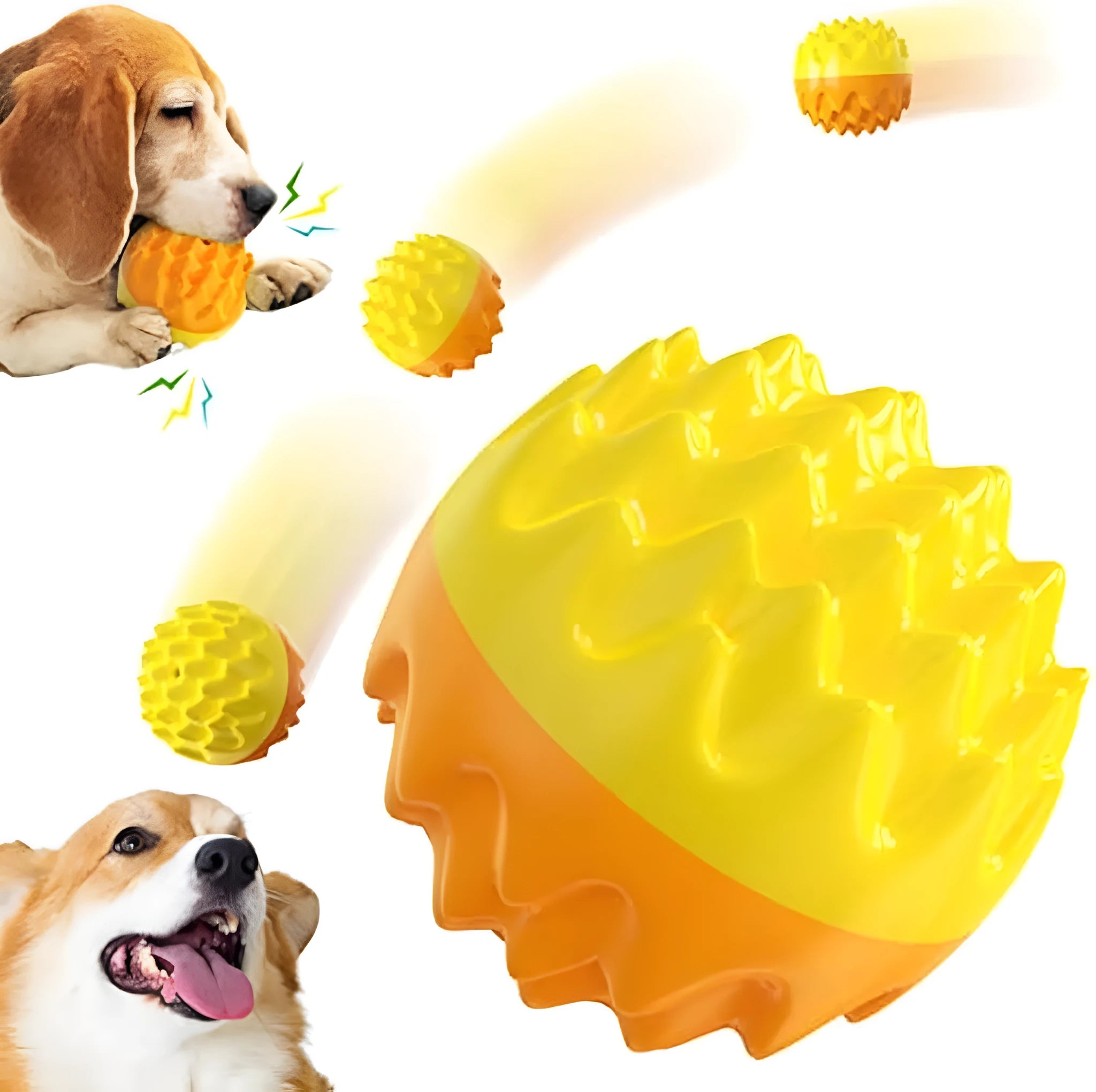 Blue and orange spiky rubber dog ball with squeaker, for teeth cleaning and water fetch.