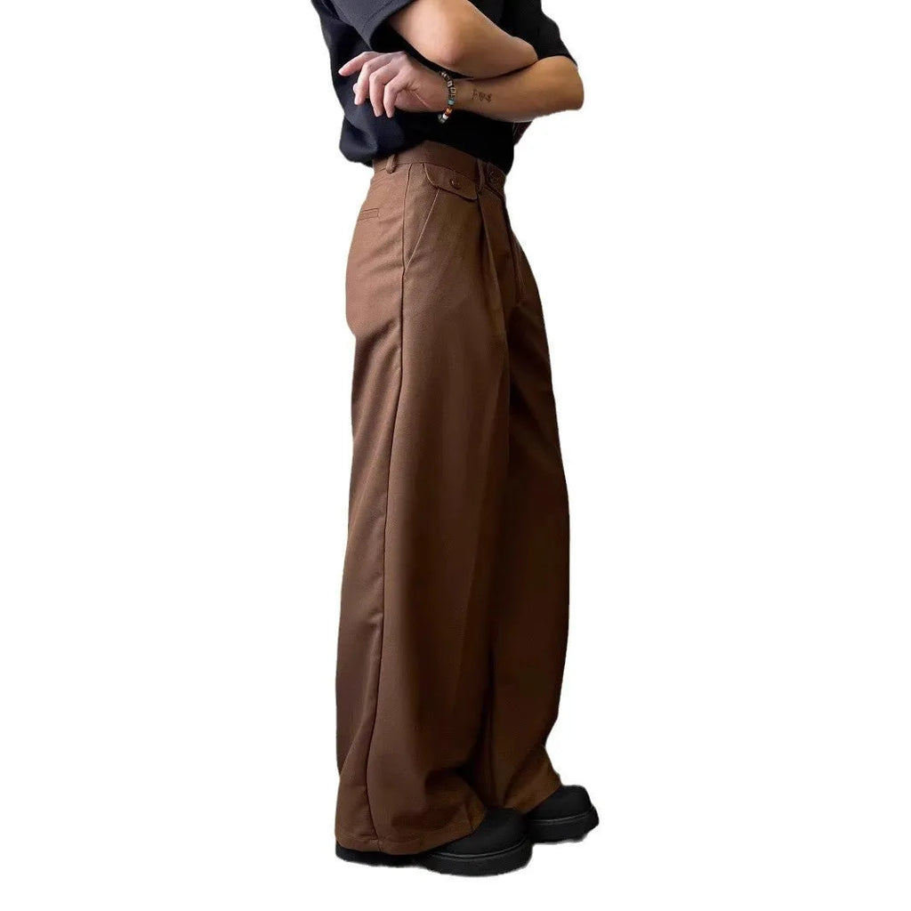 Men's brown straight-leg casual trousers with loose wide-leg design on hanger