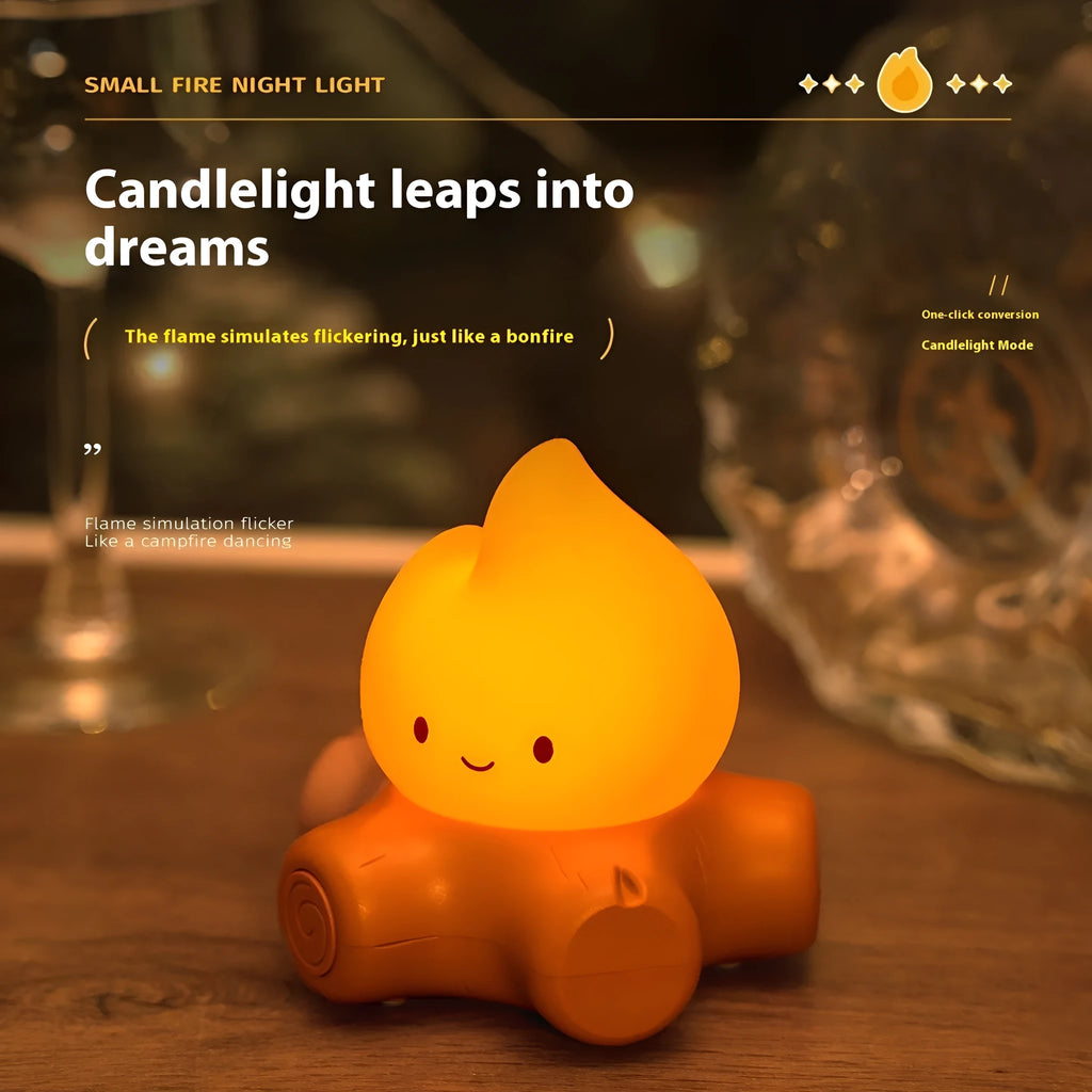 Cartoon-style silicone fire pile night lamp with yellow light and built-in battery