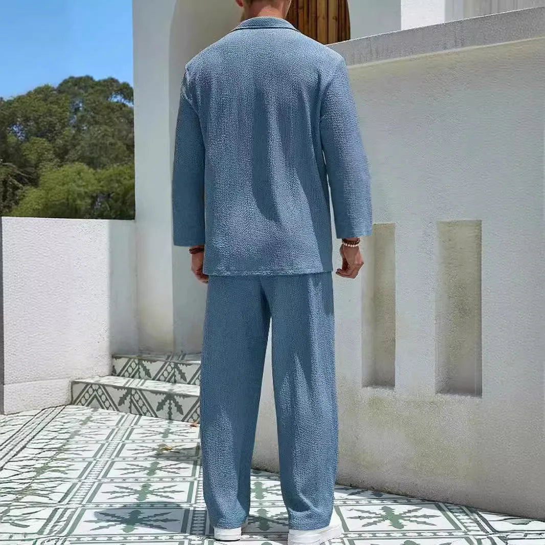 Men's casual polyester shirt and trousers commuter suit in four colour options for autumn leisure wear