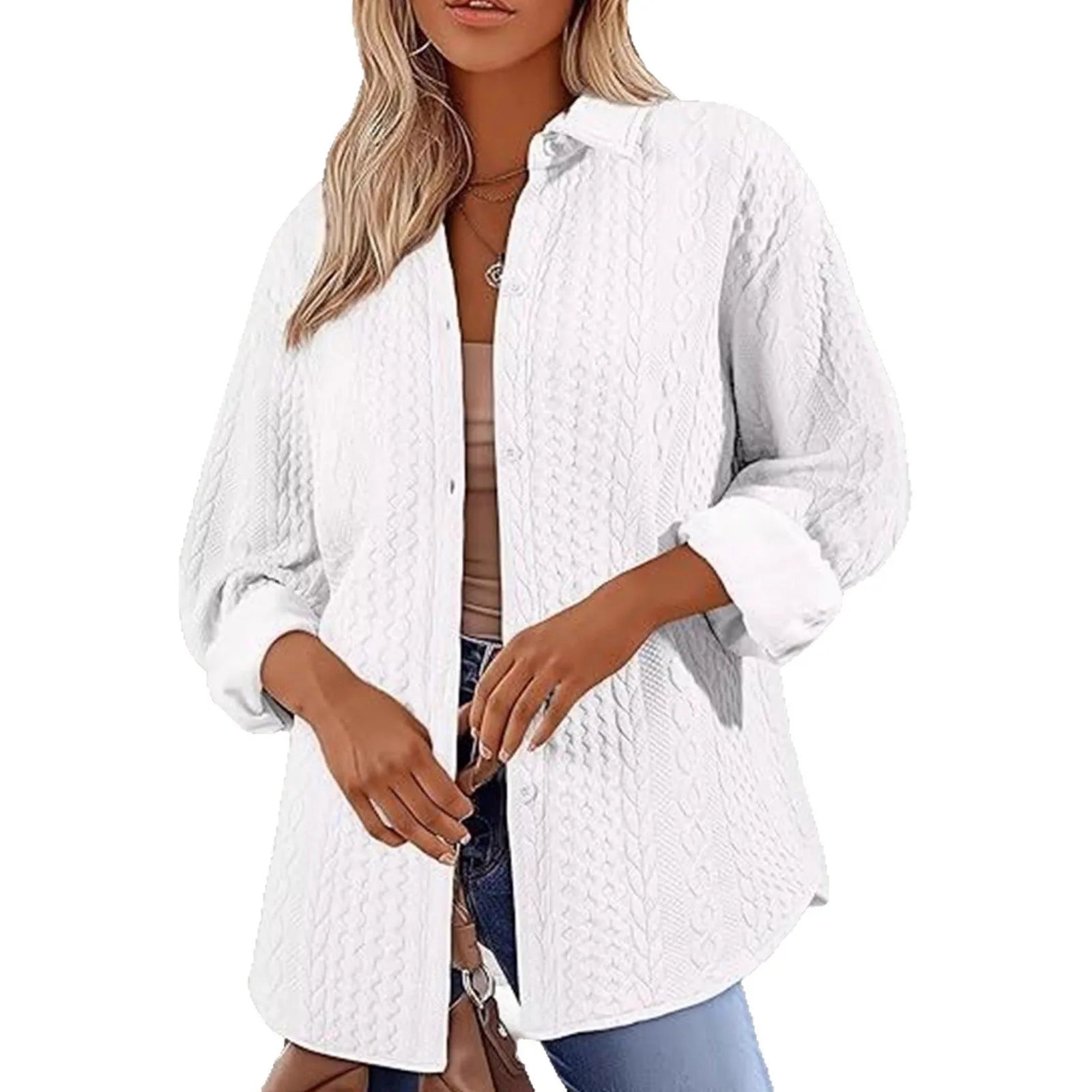 Women's solid colour polyester cardigan sweater with long sleeves and contrast detailing