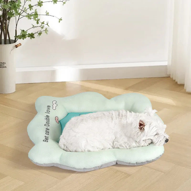 Green and pink pet cooling mats showing four size options for dogs and cats