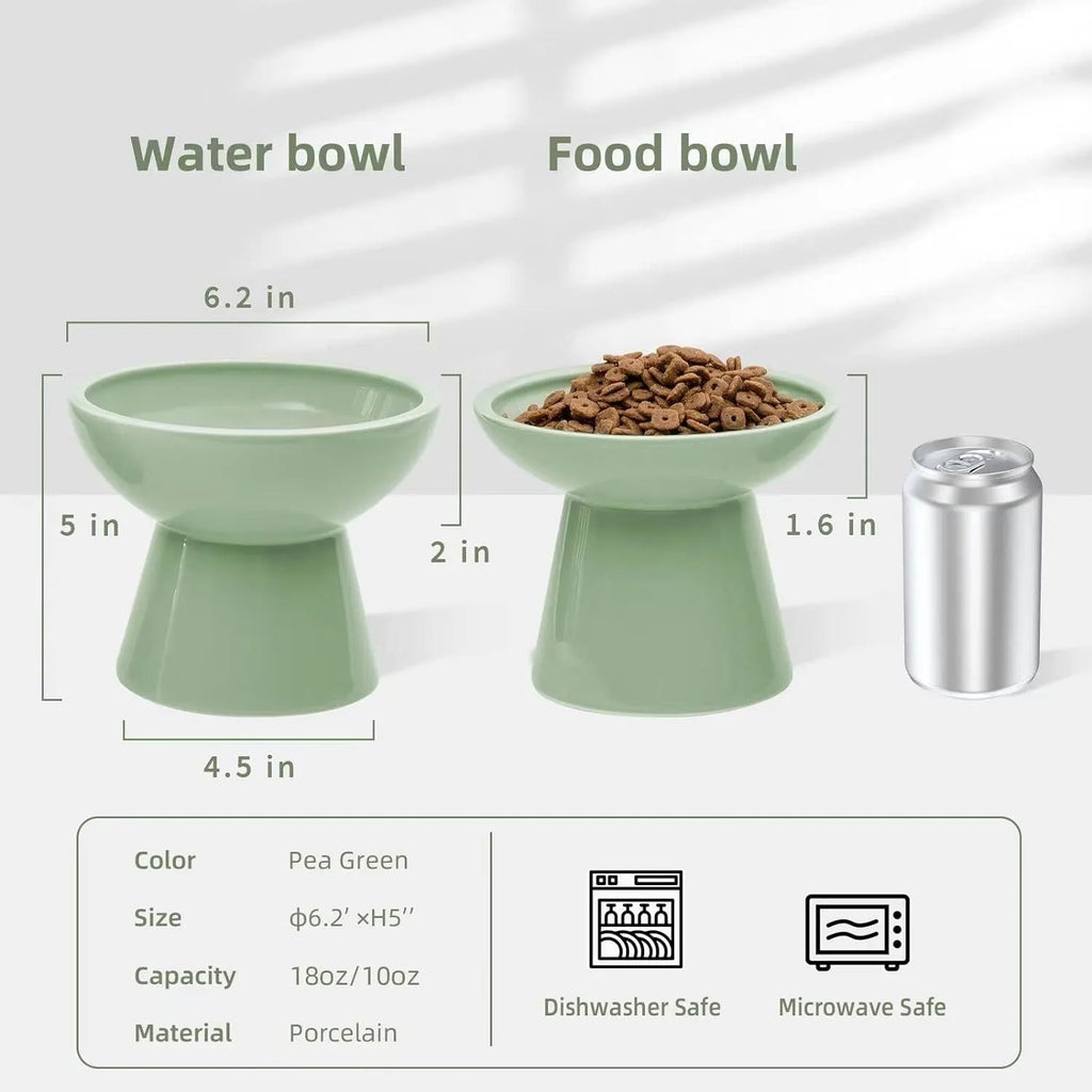 Elevated ceramic cat bowl with wide shallow design in blue green pink or white