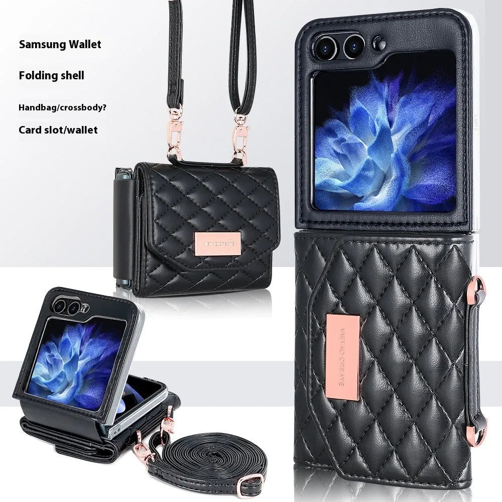Fashion lanyard phone cover for Samsung Z Flip4 Flip5 Flip6 in purple with crossbody strap and card slot