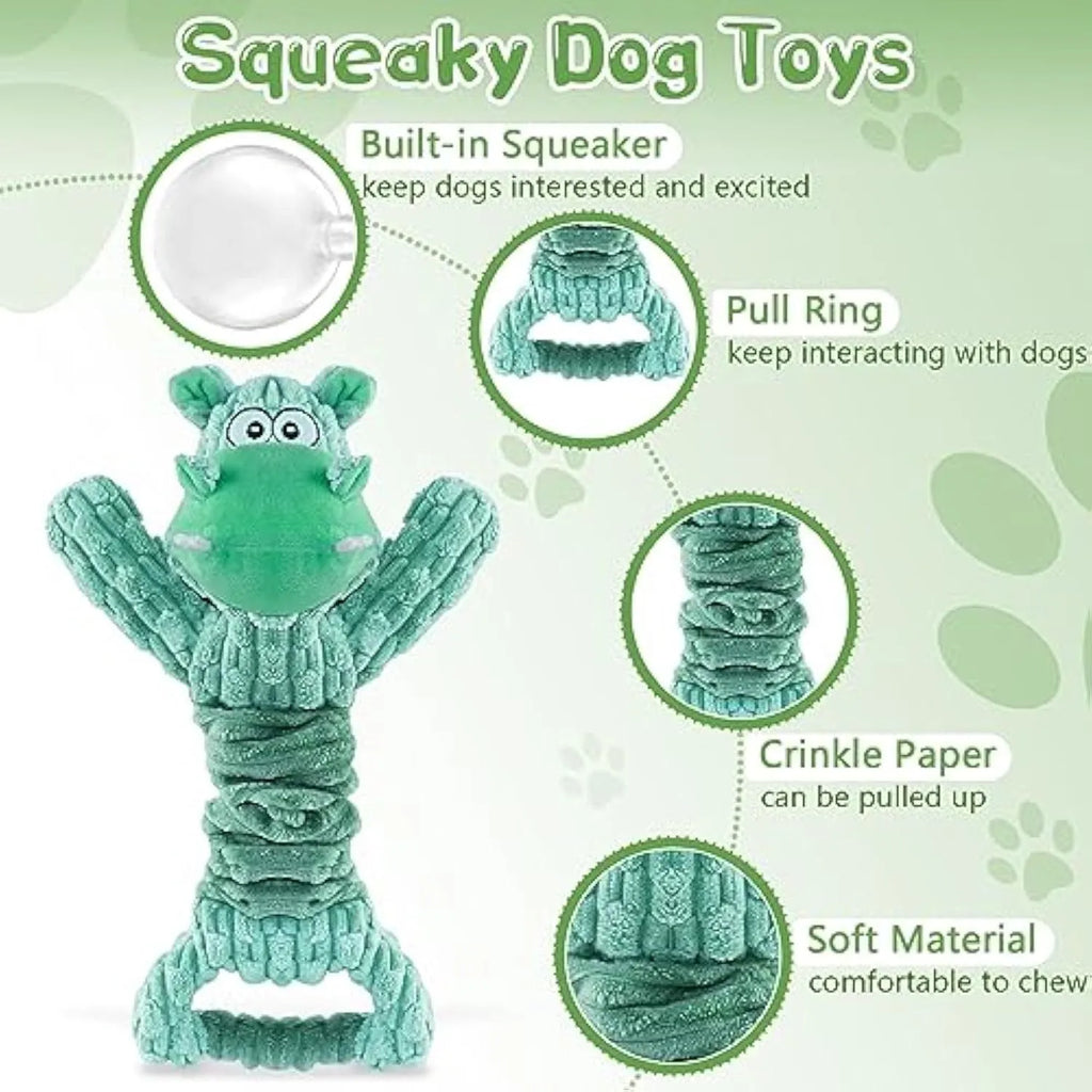 Large soft plush squeaky dog toy in animal design with a handle for tug of war.
