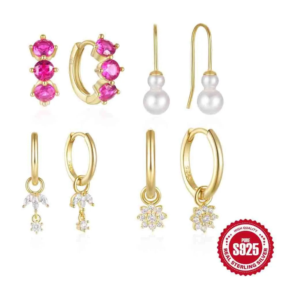 Geometric sunflower sterling silver earrings with zircon inlaid details in golden colour