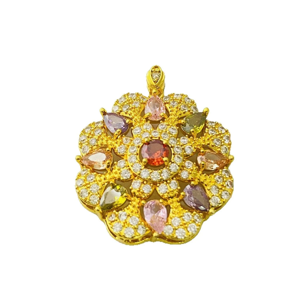 Close-up of a women's colourful zircon flower pendant necklace with a gold electroplated finish on a model.