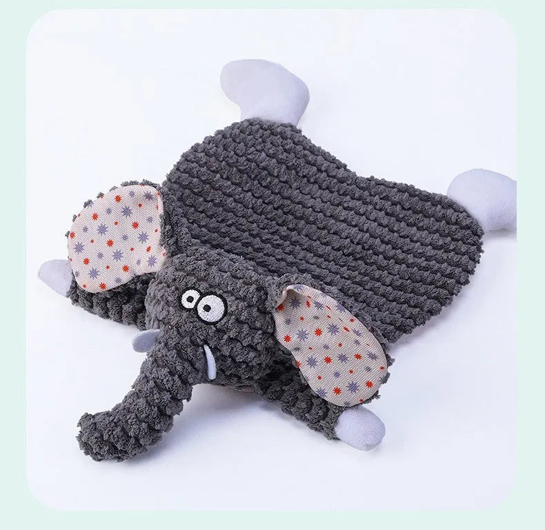 Brown velvet pet stuffed toy with fox elephant design featuring sound paper crinkle elements