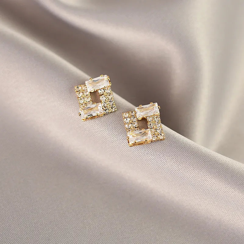 Light luxury geometric alloy earrings with 565 refined zircon, electroplated finish, for women, small exquisite cold style