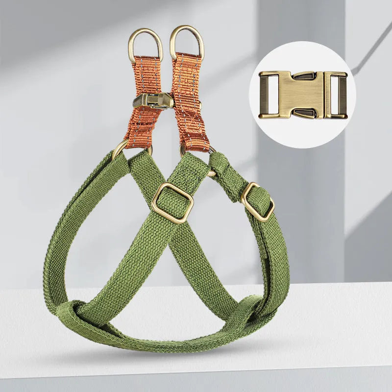 Brown vest-style dog leash harness made from cotton and nylon with metal clasp