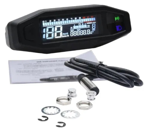 Black motorcycle mini speedometer with LCD screen showing oil gauge, speed, and rpm.