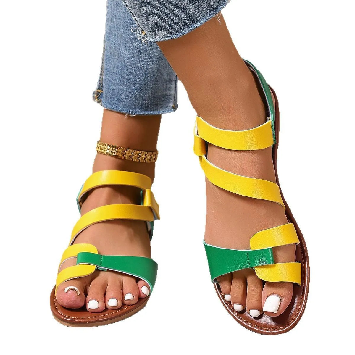 Women's flat sandals with a Velcro strap closure in a round-toe design