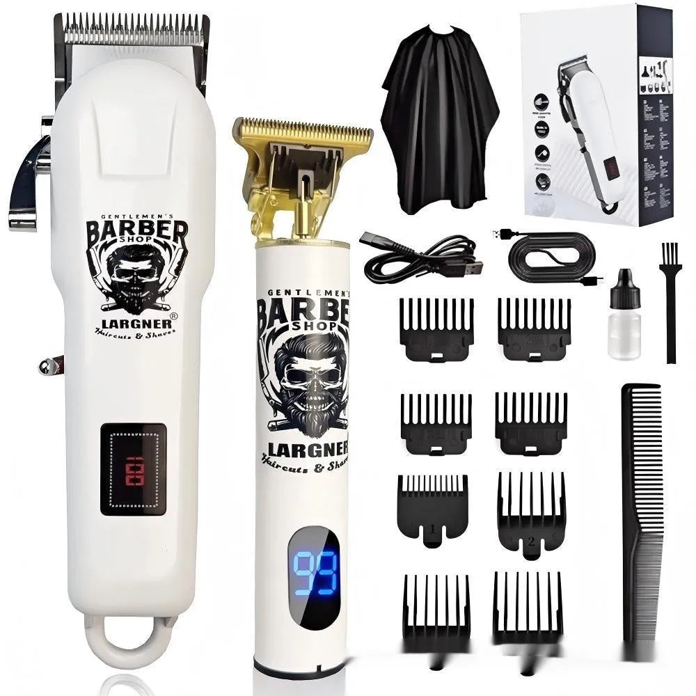 Rechargeable hair clipper with stainless steel head, USB cable, and 4 attachments on a white background.