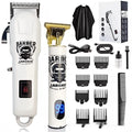 Rechargeable hair clipper with stainless steel head, USB cable, and 4 attachments on a white background.