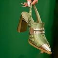 Women's black Korean-style sandals with chunky heel, pointed toe, and high ankle strap with elastic band.