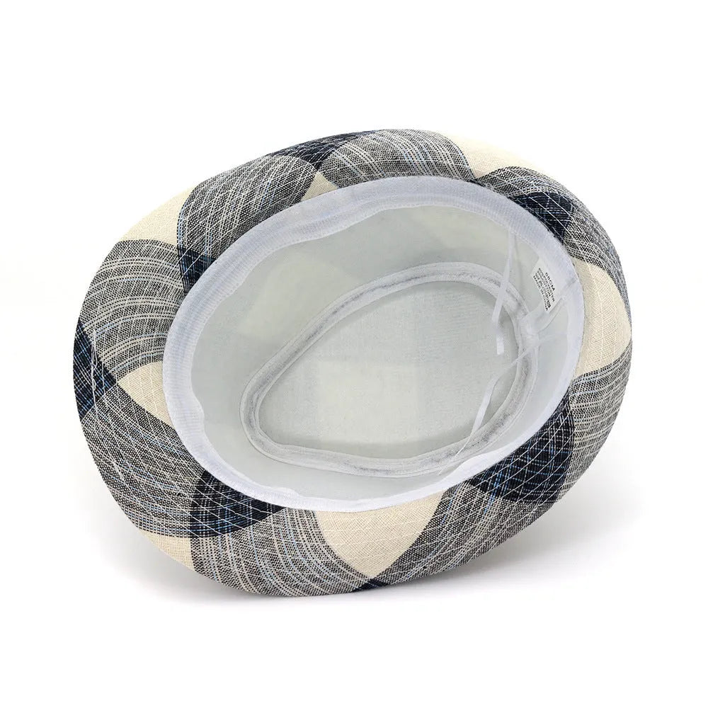 Blue and black polyester straw hat with bell-shaped crown and 4.5cm brim for sun protection