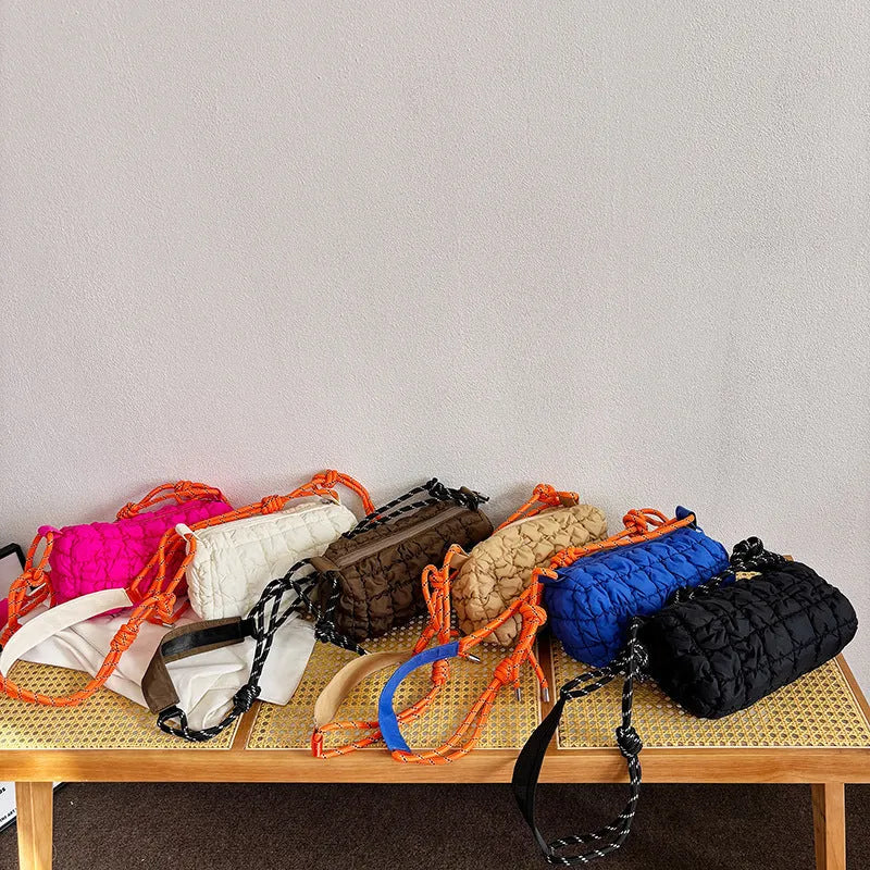 Women's lightweight nylon messenger bag in pillow shape with rhombus pattern and single shoulder strap